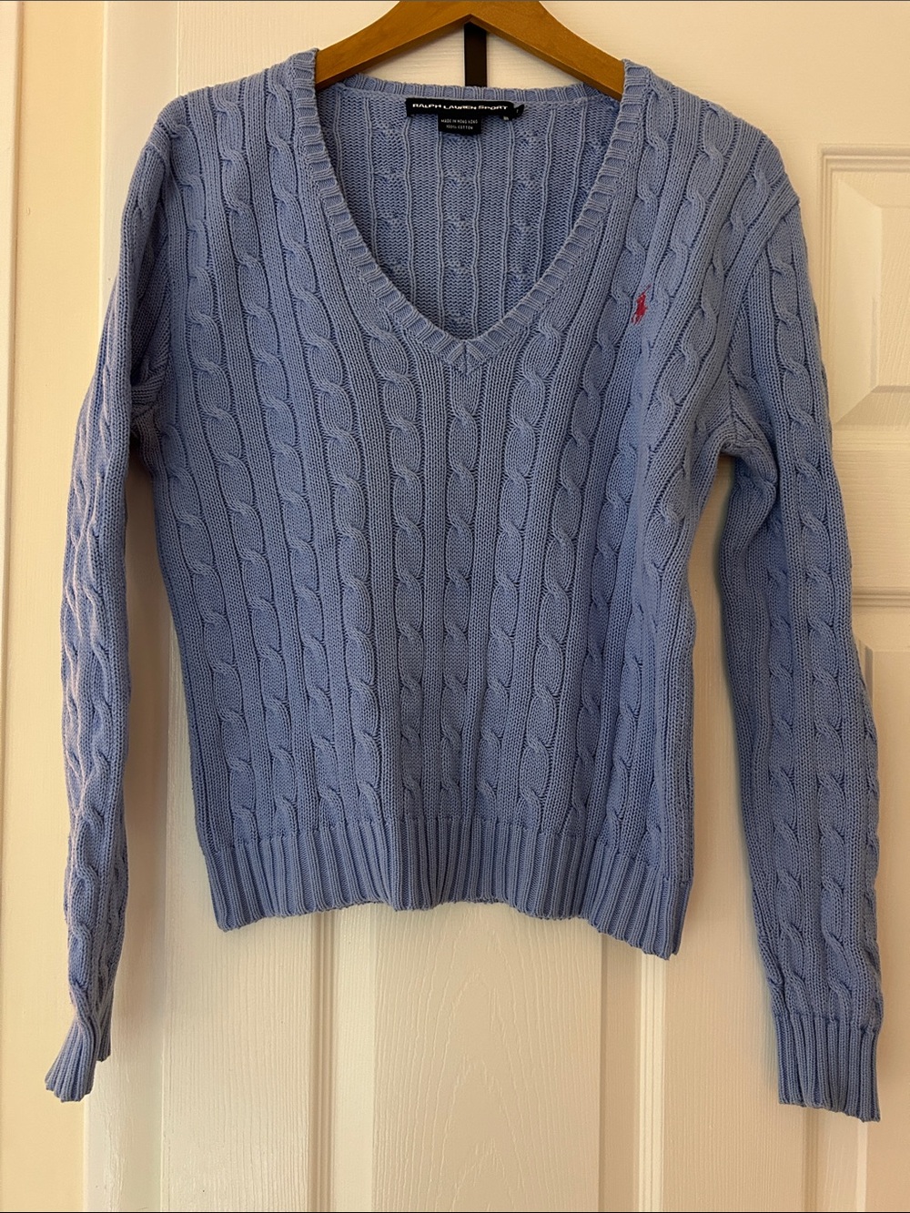 Ralph Lauren Light Blue Cable-Knit V-Neck Sweater with Pink Pony